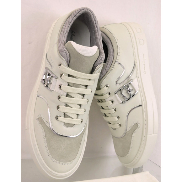 $795 FERRAGAMO NORIS WHITE LEATHER BEIGE SUEDE SF LOGO SNEAKERS 10.5 M ITALY main image 10